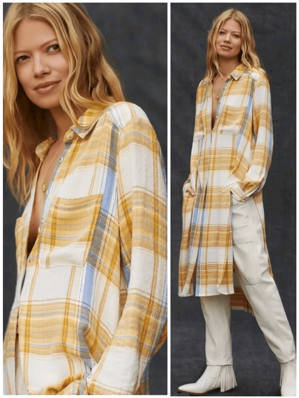 Anthro Pilcro Plaid Textured Slit Duster Tunic Top, S